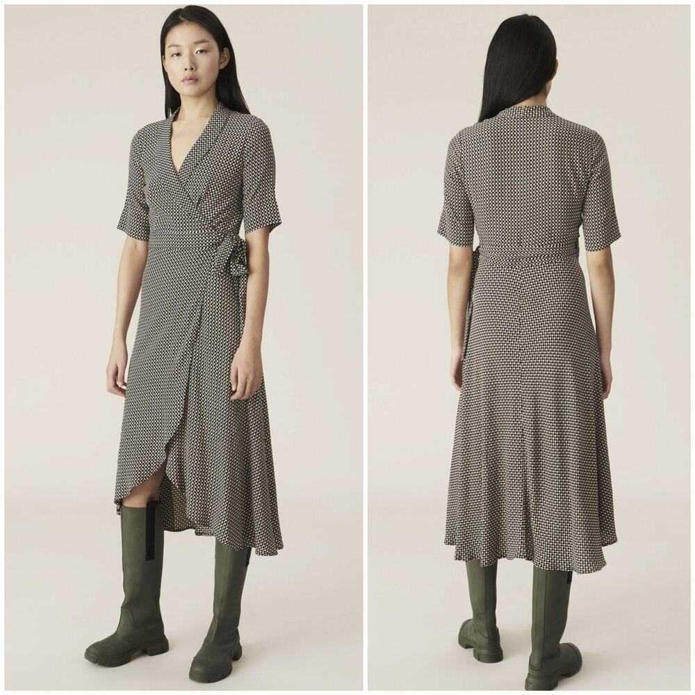 Ganni Printed Crepe Wrap Dress Grey Multi check size 34